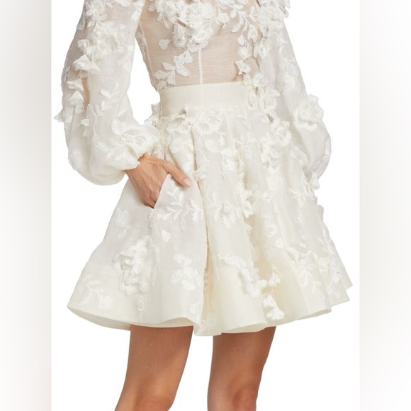 Zimmermann Postcard Floral-Appliqued Linen-Silk Full Mini Skirt Size Zimm 1 - Picture 5 of 16